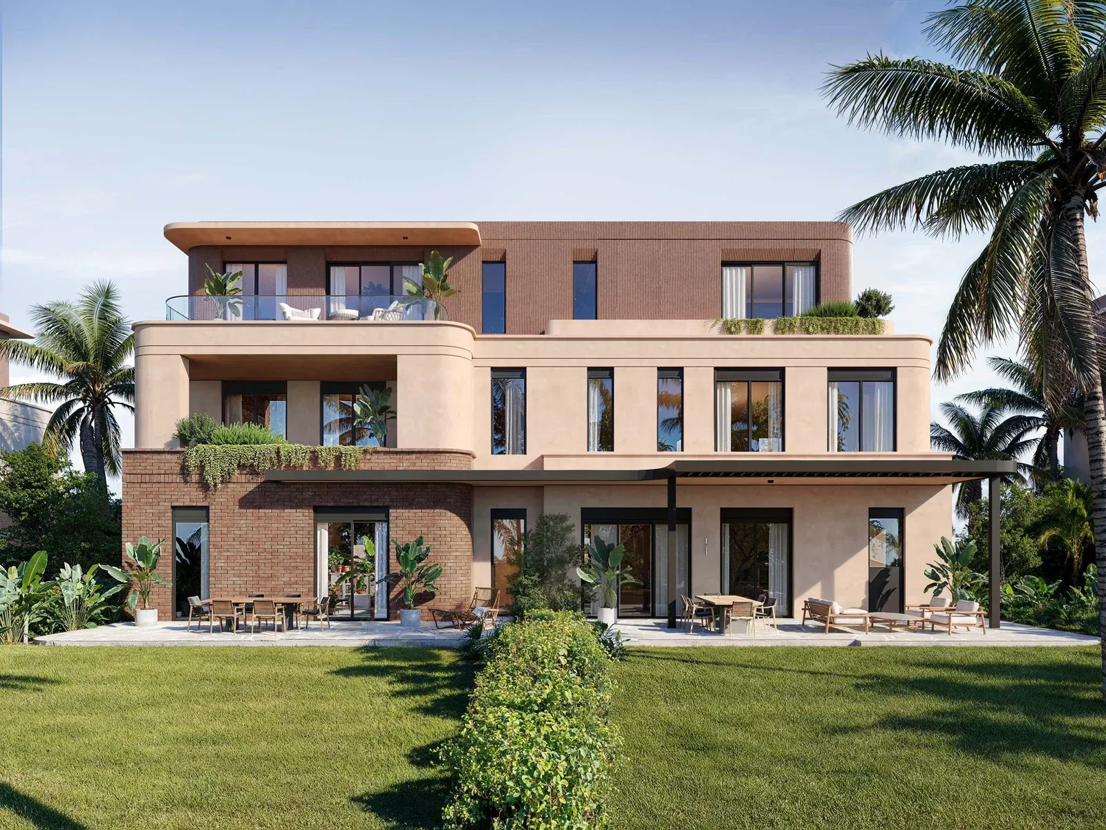 Rear facade with terraces and a wide lawn at Crescent Walk, 6th Settlement