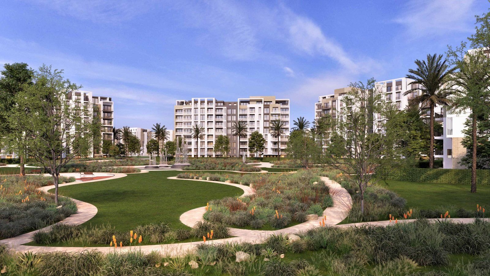 حديقة مركزية وممرات مشاة بين مباني Zed East في القاهرة الجديدة