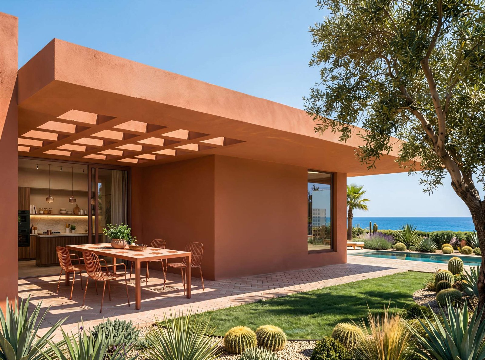 Shaded dining terrace and cactus garden at Shams Soma, Soma Bay, Red Sea